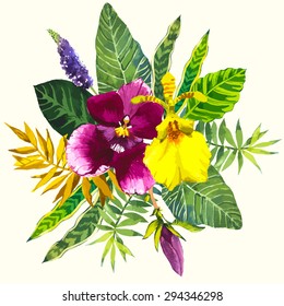 Vector illustration with watercolor flowers. Beautiful bouquet tropical plants on white background. Composition with yellow and violet orchid, leaves.
