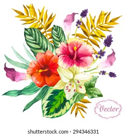 Vector illustration with watercolor flowers. Beautiful bouquet tropical plants on white background. Composition with monstera and palm leaves, lily chinese hibiscus.