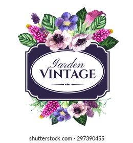 Vector illustration with watercolor flowers. Beautiful bouquet and sign with tropical plants on white background. Composition with calla lily, anenone and leaves.