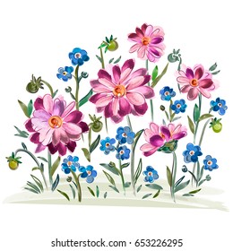 Vector illustration of watercolor flowers violets and pansy and leaves on meadow