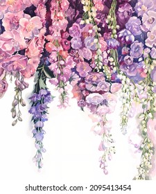 Vector illustration of watercolor flowers wisteria on a white lilac background