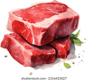 Vector illustration with watercolor food. Watercolor picture of a painting technique. Raw beef steak.