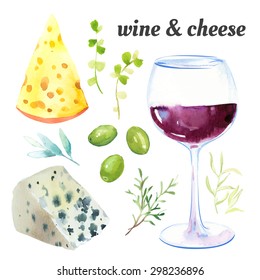 Vector illustration with watercolor food. Watercolor picture of a painting technique.  Set of glasses of red wine, cheese and exquisite French herbs.