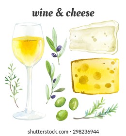 Vector illustration with watercolor food. Watercolor picture of a painting technique. Set of glasses of white wine, exquisite  cheese and French herbs.