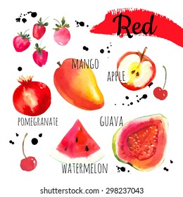 Ilustração vetorial com alimentos aquarela. Conjunto de diferentes frutas e bagas: goiaba, maçã, melancia, manga, cerejas, morangos, romã. Esboço de pintura simples em formato vetorial. Conjunto vermelho.