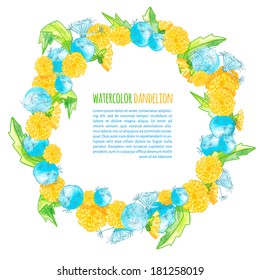  vector illustration. watercolor frame of dandelions with text. Isolated on white background