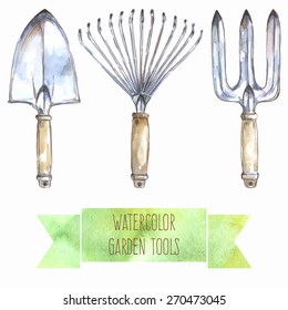 Vector illustration: watercolor gardening tools - garden wire-leaf rake, trowel, fork