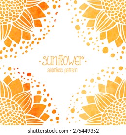 Vector illustration with watercolor gold sunflowers on white background. Seamless pattern. Summer sunshiny frame, border for design of product, food