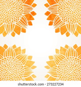Vector illustration with watercolor gold yellow sunflowers on white background. Summer sunny vector elements, golden texture frame, border for design