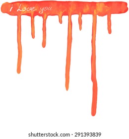 Vector illustration of watercolor gradient red and yellow stain with drippings and text "I love you"