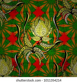 Vector illustration. Watercolor, hand drawn. Wild flowers with leaves on green, orange and black colors. Seamless background pattern.