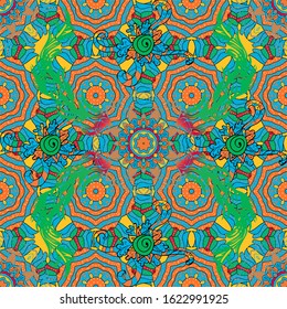 Vector illustration. Watercolor, hand drawn. - stock. Design wrapping and gift paper, greeting cards, banner and posters design. Doodles on green, blue and orange colors. Seamless pattern background.