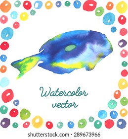 Vector illustration, watercolor hand drawn colorful exotic fish in a circle frame formed with bright bubbles