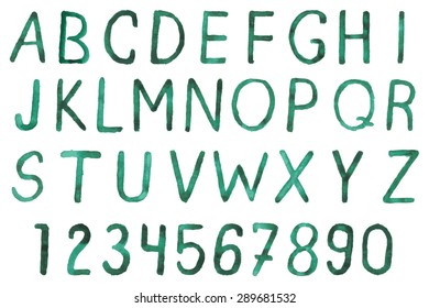 Vector illustration with watercolor hand drawn font: alphabet and numbers