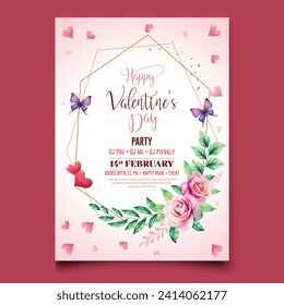 Vector illustration Watercolor Happy Valentine's day party celebration poster template  | Valentine Birthday Invitation | with Rose flower , red heart and golden frame .