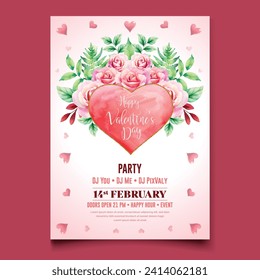 Vector illustration Watercolor Happy Valentine's day party celebration poster template  | Valentine Birthday Invitation | with Rose flower , red heart and golden frame .