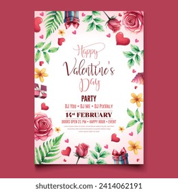 Vector illustration Watercolor Happy Valentine's day party celebration poster template  | Valentine Birthday Invitation | with Rose flower , red heart and golden frame .