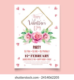 Vector illustration Watercolor Happy Valentine's day party celebration poster template  | Valentine Birthday Invitation | with Rose flower , red heart and golden frame .