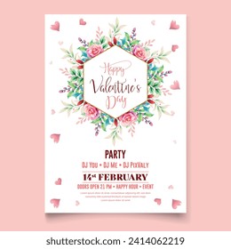 Vector illustration Watercolor Happy Valentine's day party celebration poster template  | Valentine Birthday Invitation | with Rose flower , red heart and golden frame .