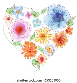 Vector illustration of watercolor heart of flowers