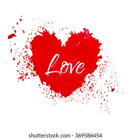 Vector illustration of watercolor heart with word "LOVE". Hand drawn red heart. Paint splash.