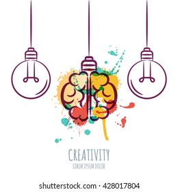 Vector illustration of watercolor human brain and outline light bulbs, isolated on white background. Design concept for business solutions, invention and innovation, creativity, scientific.