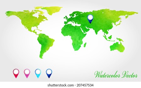 Vector Illustration of Watercolor Map for Design, Website, Background.World Icon Banner Water Color Texture. Template for Ecology or Business