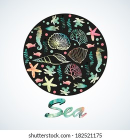 Vector illustration with watercolor marine motifs.