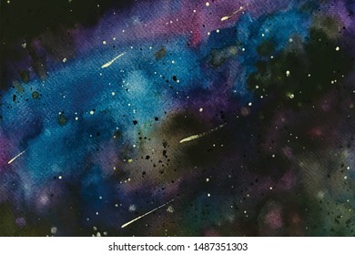 Vector illustration with watercolor night stars and the Milky Way. Black galaxy background in our universe