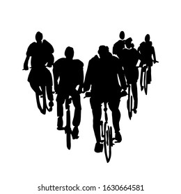 Vector illustration watercolor painting: a group of people rides bicycles. Front view. Staffage.