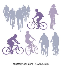 Vector illustration watercolor painting: a group of people rides bicycles. Front view. Staffage.