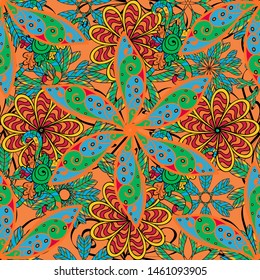 Vector illustration. Watercolor painting of leaf and flowers, seamless pattern on orange, blue and green colors. Gentle, spring floral on orange, blue and green colors.