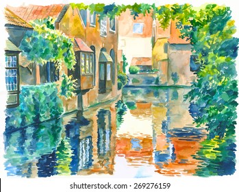 Vector illustration. Watercolor painting of typical canal view in Bruges en Belgium. Tourist place.