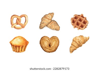 Vektorgrafik. Gebäck mit Aquarellfarben. Brezel, Cupcake, Waffel, Croissant. Symbolsatz. Backwaren. Süße. Nachtisch. Essen. Kollektion