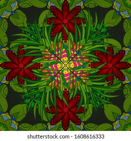 Vector illustration. Watercolor pattern with leaves, seamless natural red, green and gray background.