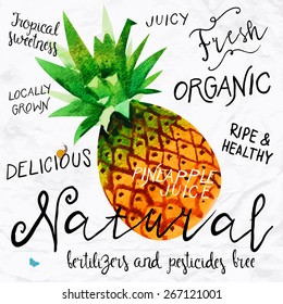 Vector illustration of watercolor pineapple, hand drawn in 1950s or 1960s style. Concept for farmers market, organic food, natural product design, soap package, herbal tea, etc.