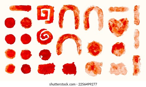 Vector illustration. Watercolor red paint spot collection. Ink brush stroke. Design element for poster, cover, invitation, gift card, flyer, social media, promotion. Isolated stains in boho style