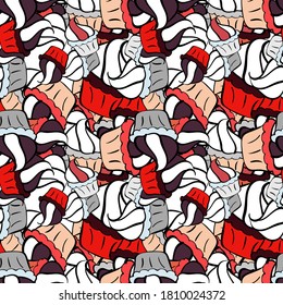 Vector illustration. Watercolor illustration. Seamless pattern. Cute birthday background on gray, white and black. Seamless background cakes. Cupcake, macaron, shortbread.
