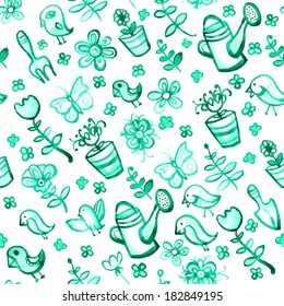 vector illustration. watercolor seamless pattern of flowers, leaves, butterflies, and garden tools. Turquoise on a white background.