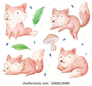 Vector illustration watercolor Set of adorable Fox For Your Design. Various of Fox gesture and color