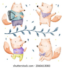 Vector illustration watercolor Set of adorable Fox For Your Design. Various of Fox gesture and color