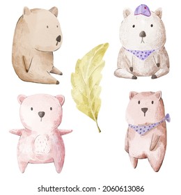 Vector illustration watercolor Set of adorable Bear For Your Design. Various of bear gesture and color