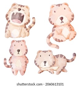 Vector illustration watercolor Set of adorable Tiger For Your Design. Various of Tiger gesture and color