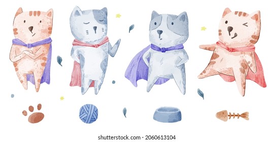 Vector illustration watercolor Set of adorable Cat and Dog For Your Design. Various of Cat and Dog gesture and color