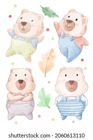 Vector illustration watercolor Set of adorable Bear For Your Design. Various of Bear gesture and color