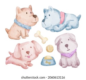 Vector illustration watercolor Set of adorable Dog For Your Design. Various of Dog gesture and color