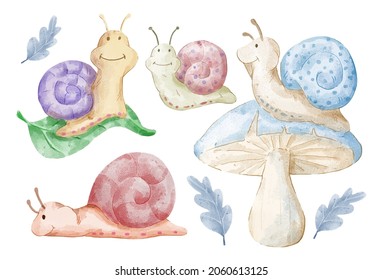 Vector illustration watercolor Set of adorable snail For Your Design. Various of snail gesture and color