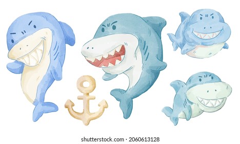 Vector illustration watercolor Set of adorable Shark For Your Design. Various of Shark gesture and color