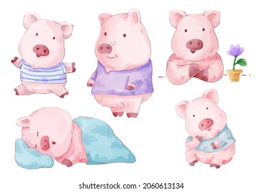 Vector illustration watercolor Set of adorable Pig For Your Design. Various of Pig gesture and color