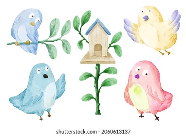 Vector illustration watercolor Set of adorable Bird For Your Design. Various of Bird gesture and color